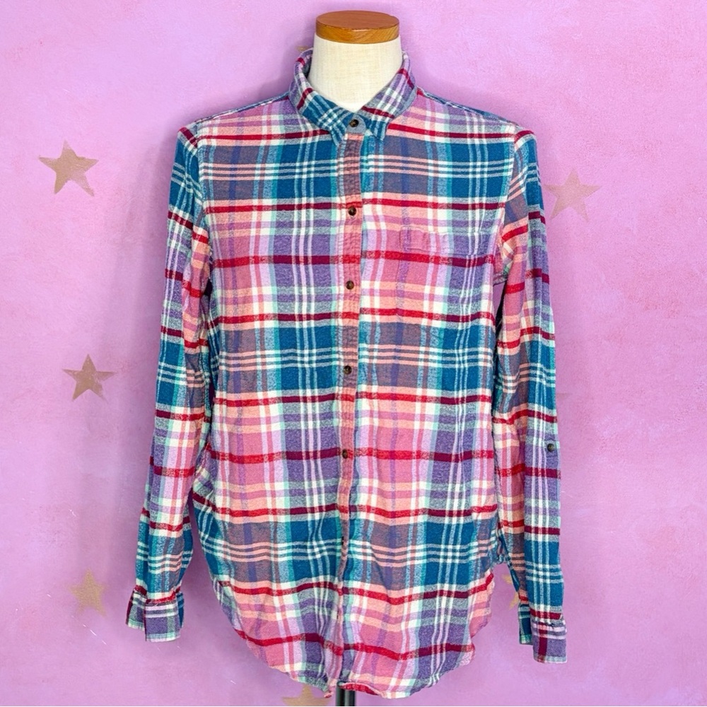 LUCKY BRAND Flannel Womens Large Pink Multicolored Button Long Sleeve Plaid